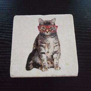 Cat Coaster with Red Glasses